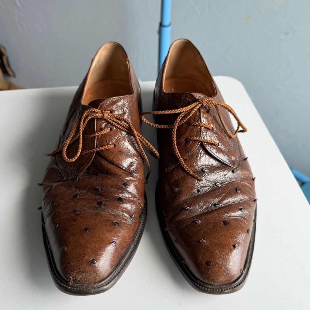 Mezlan Full Quill Ostrich Leather Lace Up Brown Men's Dress Shoes